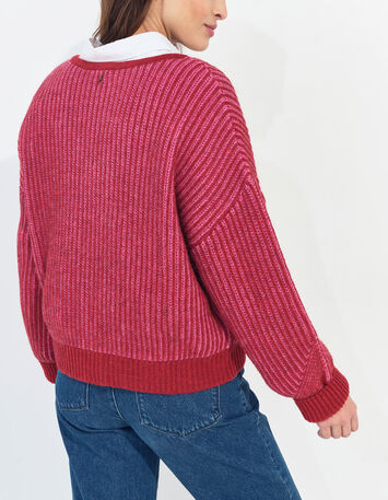 THORY - Pull encolure V rouge tricot c&ocirc;tel&eacute; bicolore-5