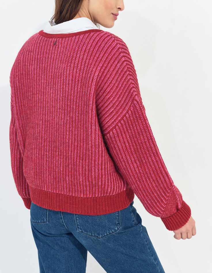 THORY - Pull encolure V rouge tricot c&ocirc;tel&eacute; bicolore-5