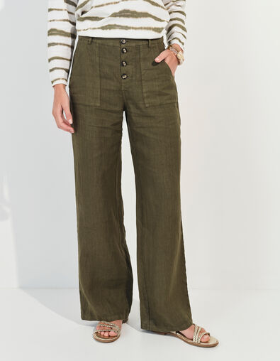 PLACIDO - Pantalon droit kaki lin certifi&eacute; surteint  - One Step