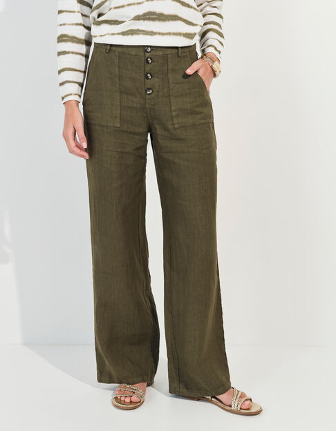 PLACIDO - Pantalon droit kaki lin certifi&eacute; surteint  - One Step