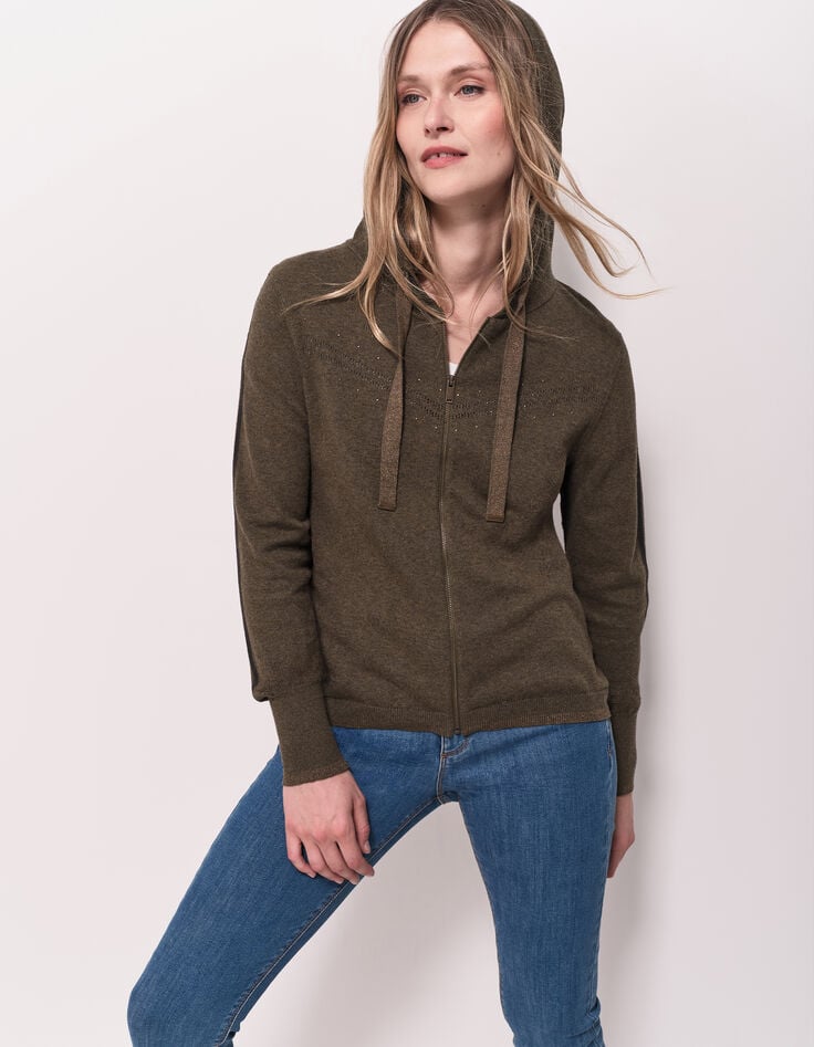 TARA - Cardigan kaki zippé à capuche-5 TARA - Cardigan kaki zippé à capuche-5