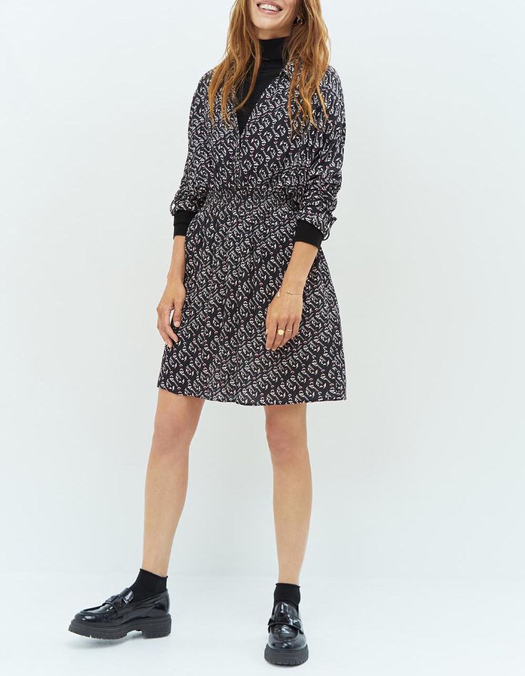 RICHA - Robe chemise grise à imprimé arty graphique-1