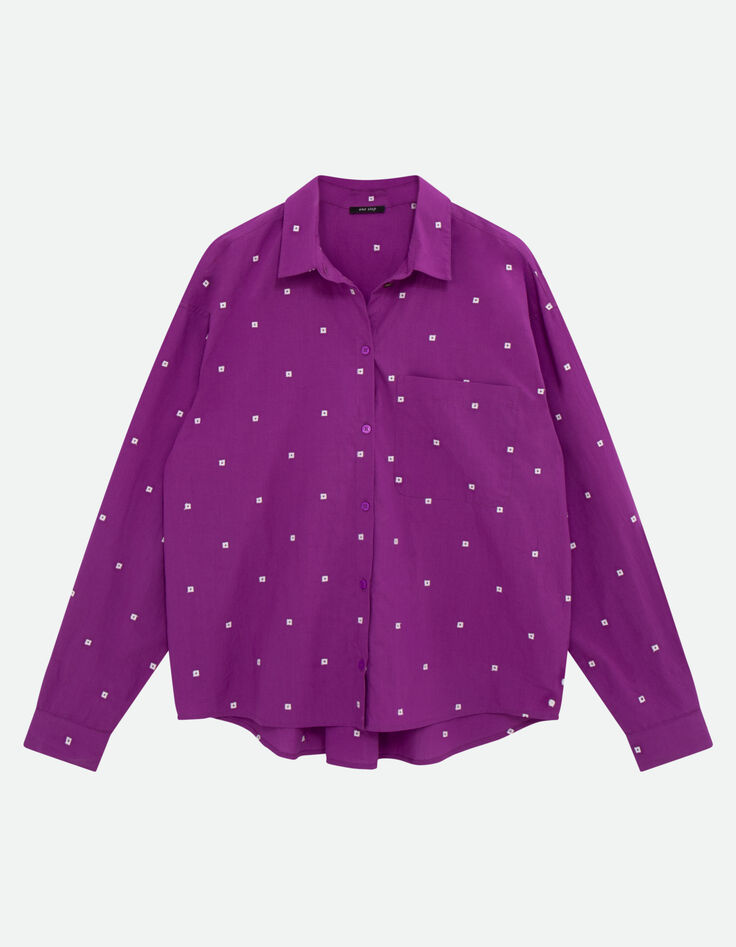 CELESTE - Chemise violet broderies petits carr&eacute;s &eacute;crus -4