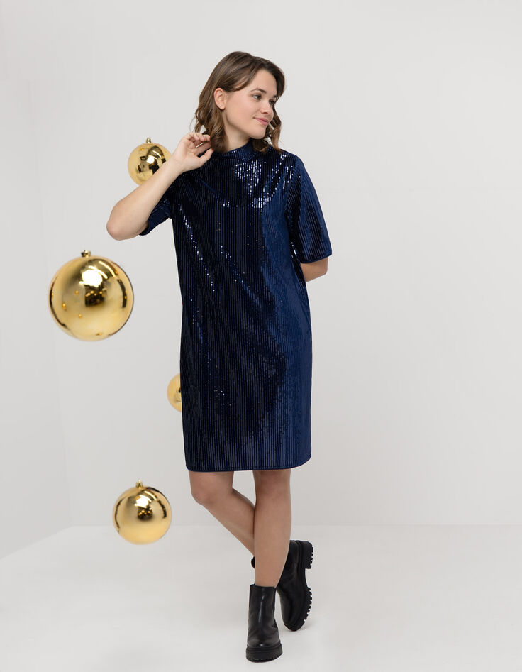 ROZE - Robe marine maille brodée sequins-5