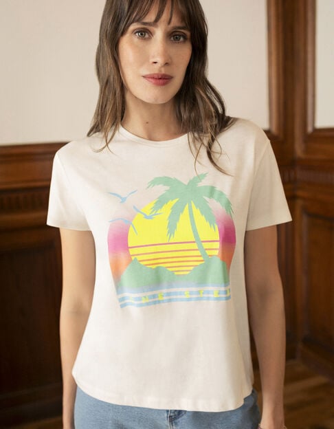 MAMBO - T-shirt blanc visuel palmier fluo  - One Step