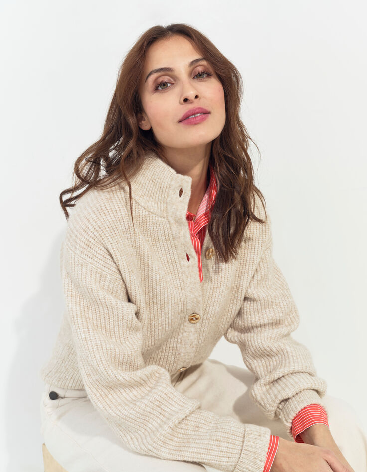 TIANA - Cardigan beige tricot à col montant -3