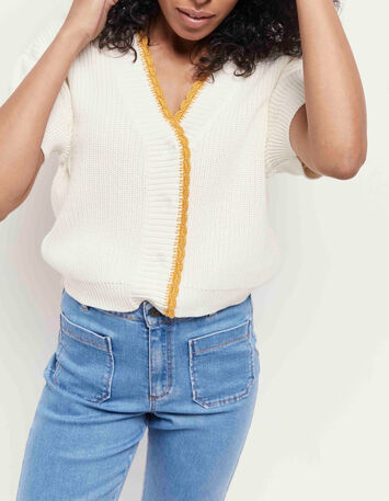 TESS - Cardigan ivoire manches courtes tricot bordé camel-2