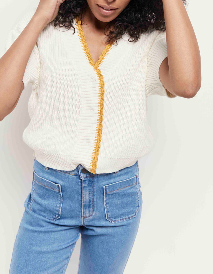 TESS - Cardigan ivoire manches courtes tricot bordé camel-2