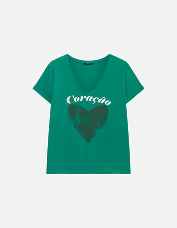 MADIAN - T-shirt vert coton bio message métallisé et cœur -2