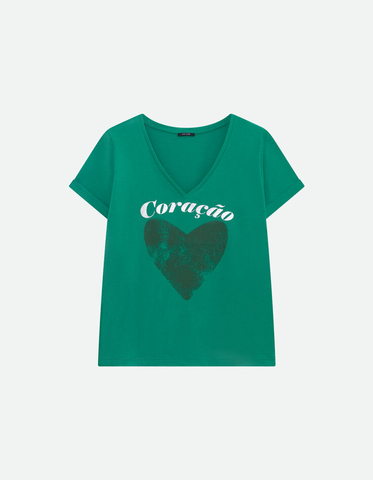 MADIAN - T-shirt vert coton bio message métallisé et cœur -2