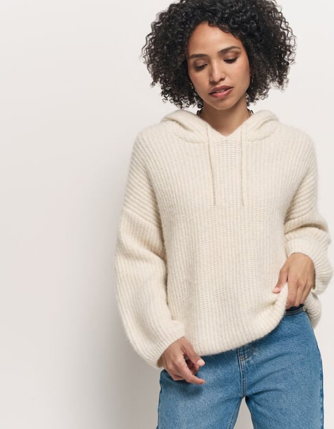 TWILL - Pull écru à capuche tricot côtelé - One Step