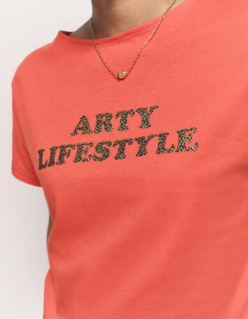 MAGICA - T-shirt orange coton bio message léopard-4