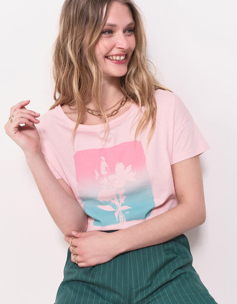 MAURO - T-shirt rose coton bio visuel arty floral - One Step