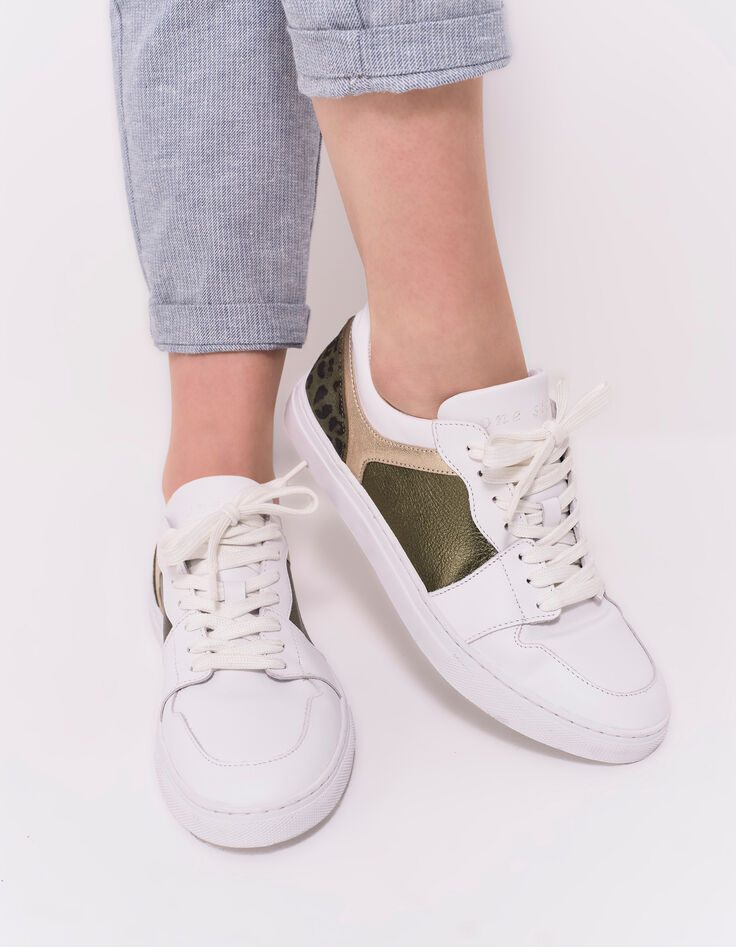 O.QUIMBO - Tennis basses blanc, kaki et doré cuir-2 O.QUIMBO - Tennis basses blanc, kaki et doré cuir-2