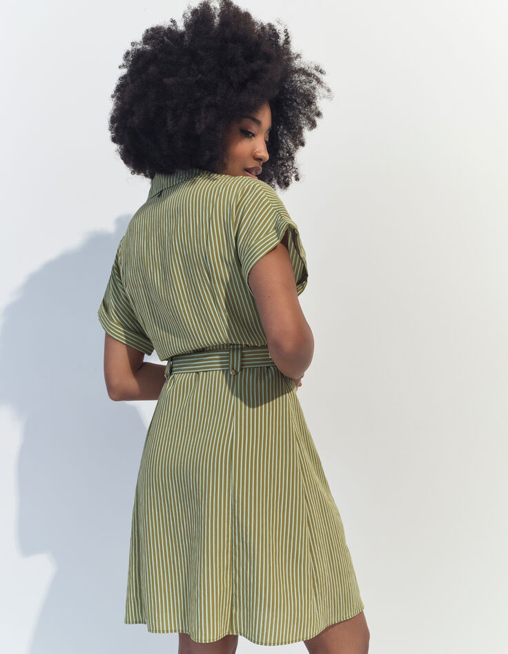RORAIMA - Robe chemise verte à motif fines rayures -2