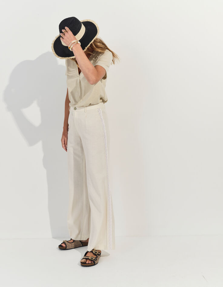 PALATIA - Pantalon blanc bandes dentelle -1