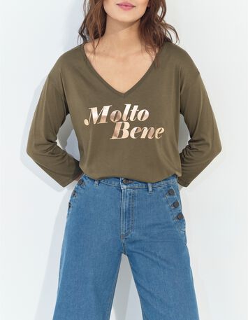 MEZZO - T-shirt kaki message m&eacute;tallis&eacute;-1