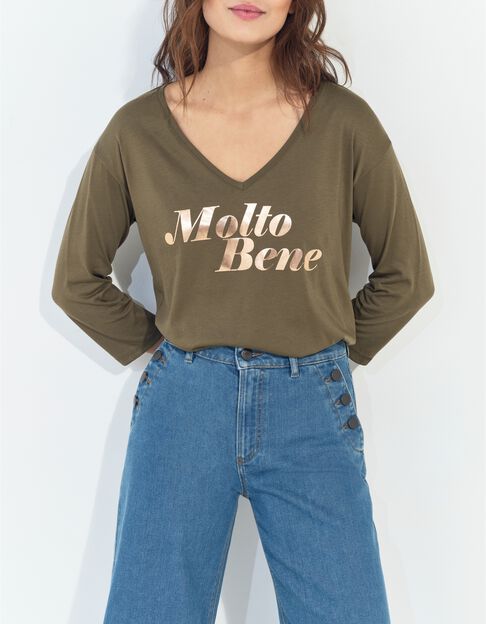 MEZZO - T-shirt kaki message m&eacute;tallis&eacute; - One Step