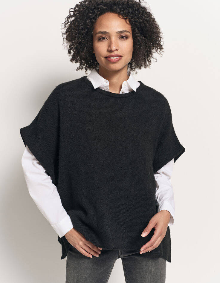 ADA - Poncho noir tricot boutons côtés-1 ADA - Poncho noir tricot boutons côtés-1