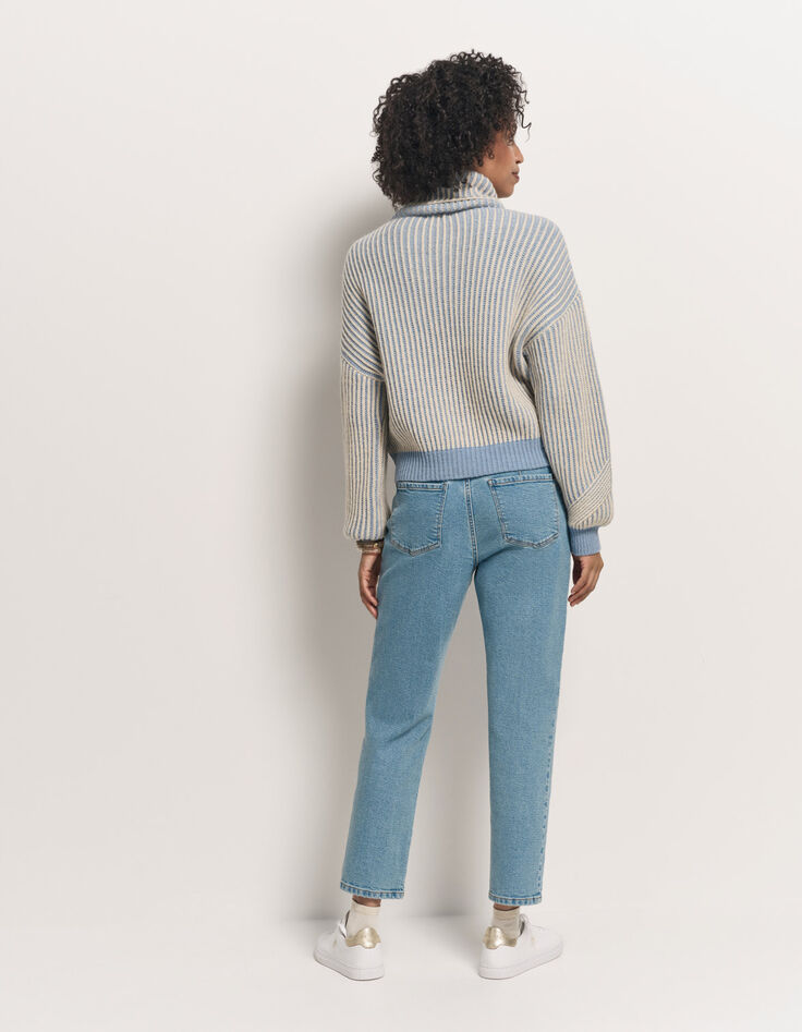 TOKAYA - Pull col roulé bleu tricot côtelé bicolore-3