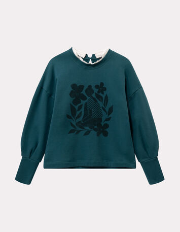 MELISSE - Sweat vert flocage fleurs avec col amovible-6