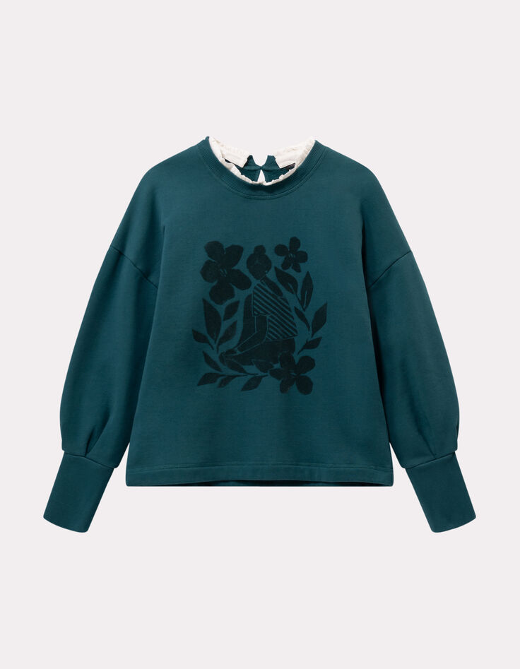 MELISSE - Sweat vert flocage fleurs avec col amovible-6