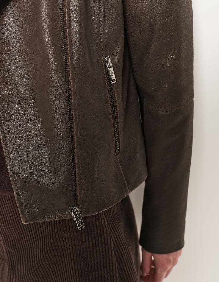 DENZEL - Blouson marron cuir esprit motard col amovible-4 DENZEL - Blouson marron cuir esprit motard col amovible-4