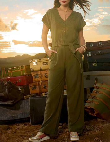 RIO - Combinaison kaki lin m&eacute;lang&eacute; broderies plac&eacute;es-7