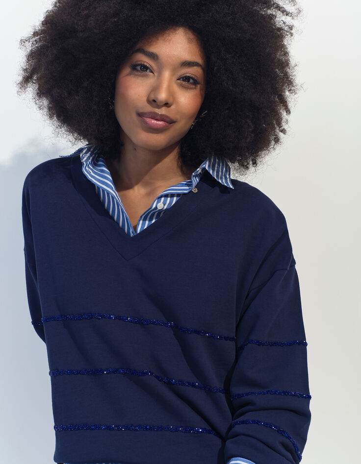 MOCOCA - Sweat bleu motif rayures perles brodées -1