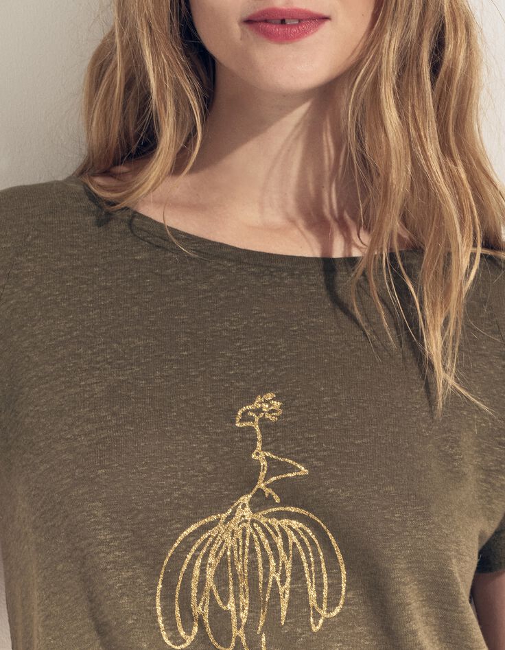 MEIRY- T-shirt kaki maille coton lin danseuse dor&eacute;e-4