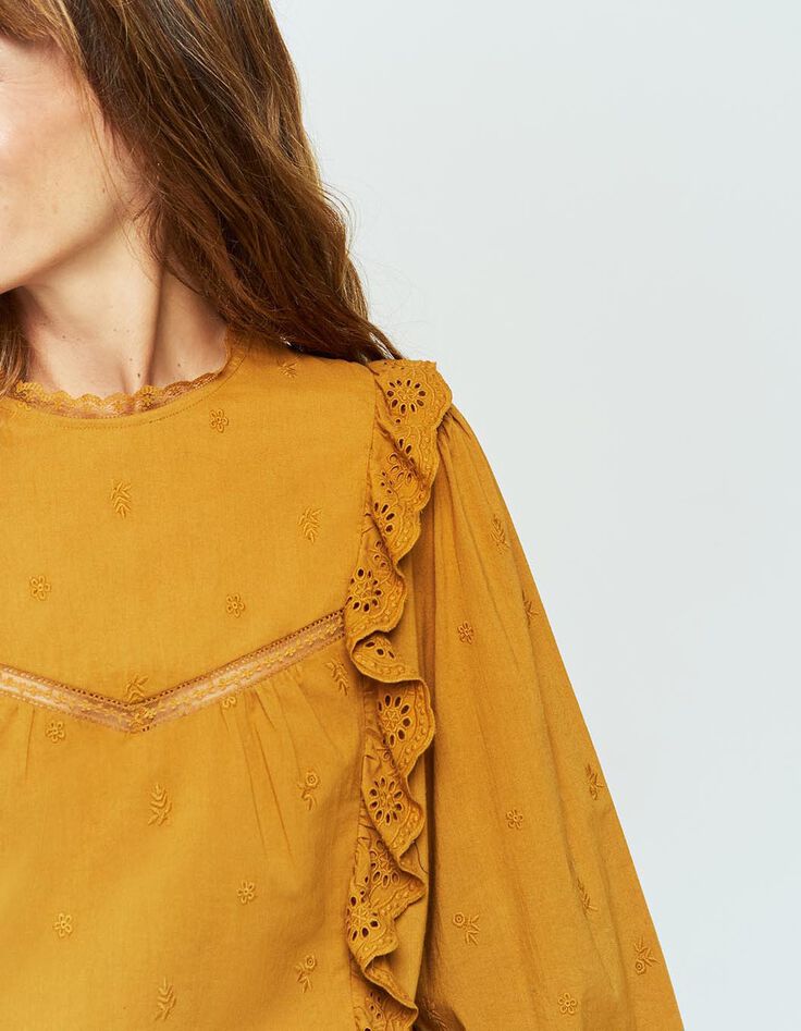 CATALINA - Blouse miel brodée avec volants-4