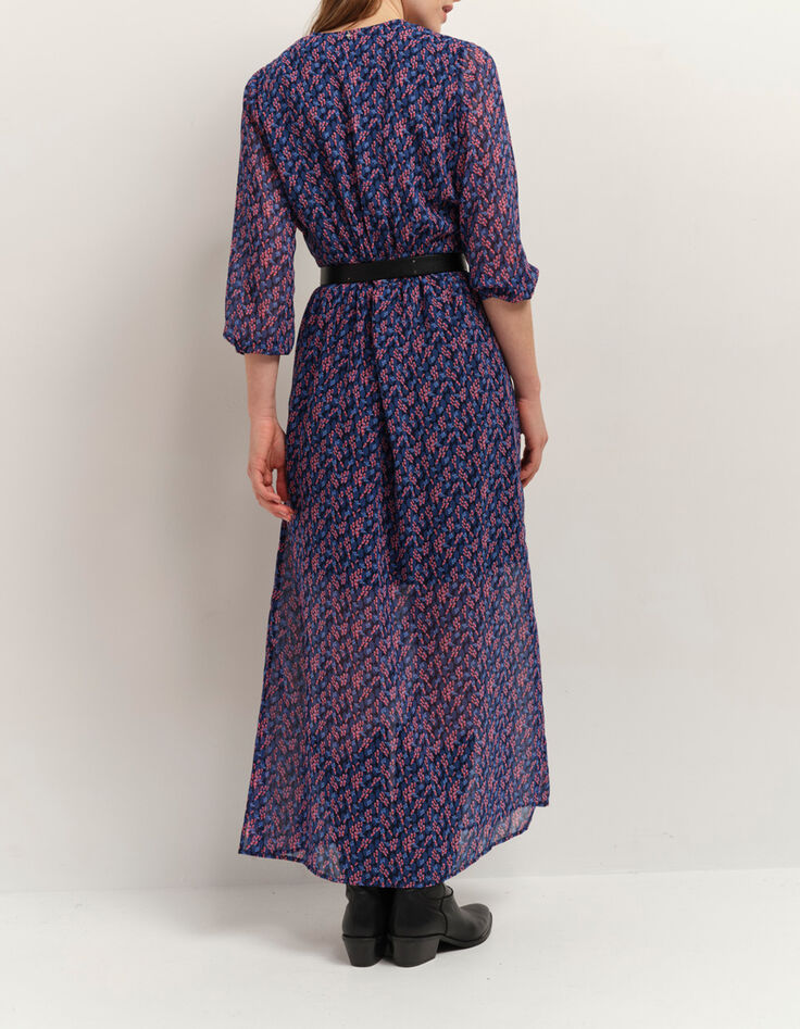 RAVNA - Robe longue marine à imprimé bouquet graphique-3