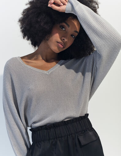 TONY - Pull argent tricot côtelé manches chauve-souris  - One Step
