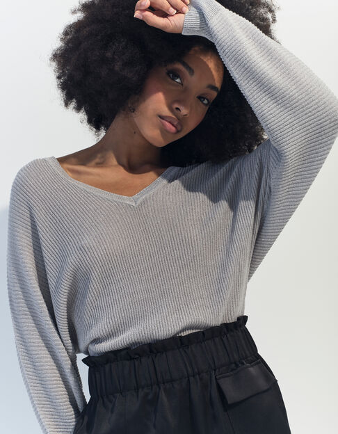 TONY - Pull argent tricot côtelé manches chauve-souris  - One Step