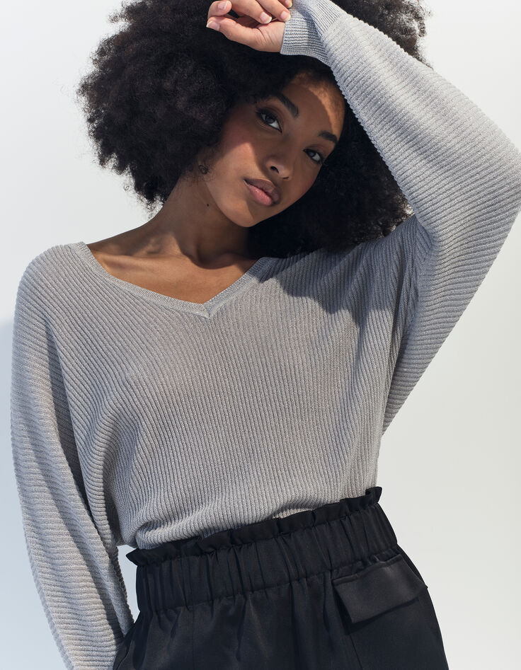 TONY - Pull argent tricot côtelé manches chauve-souris -1