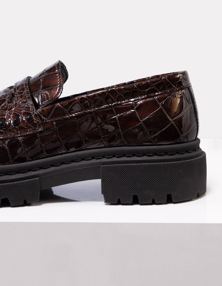O.MAYA - Mocassins marron cuir verni embossé croco-3