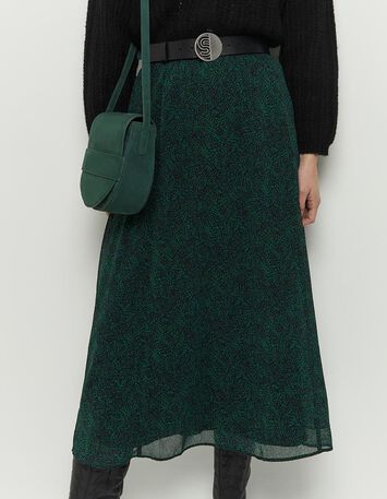 JOSEFA - Jupe longue noire à imprimé pointilliste vert-2