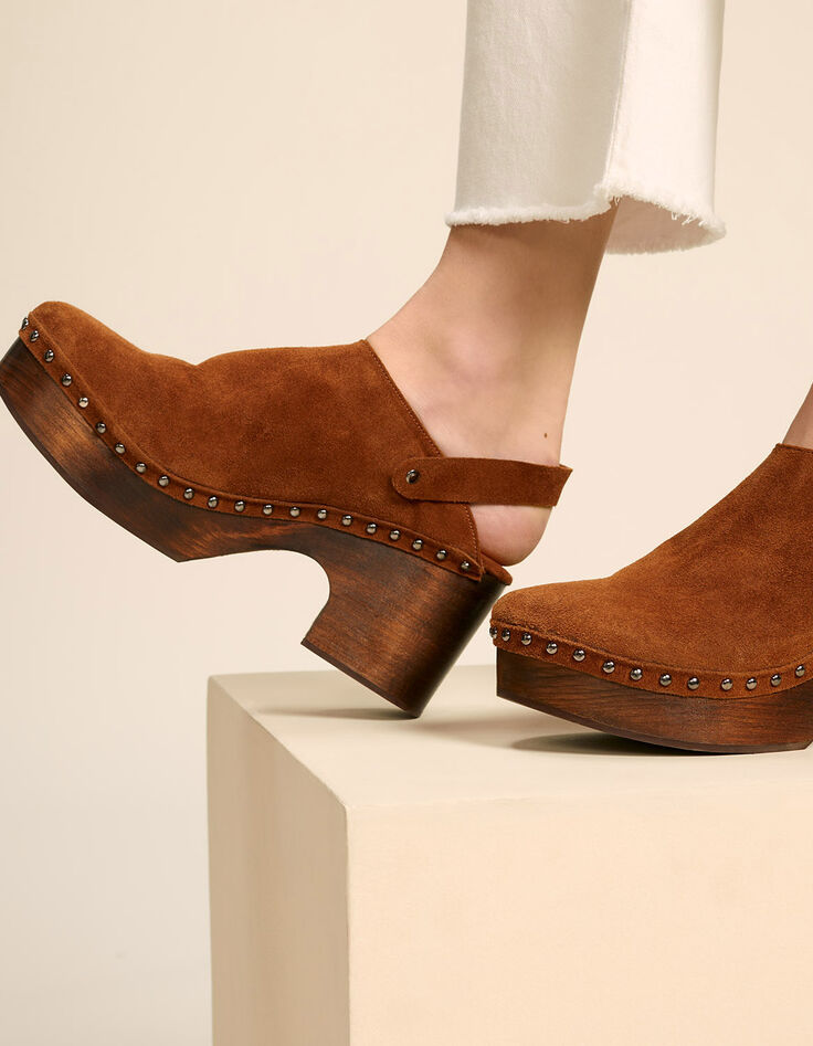 O.POLIE - Sabots caramel en cuir velours à talon bois-3 O.POLIE - Sabots caramel en cuir velours à talon bois-3