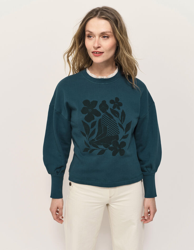 MELISSE - Sweat vert flocage fleurs avec col amovible-2