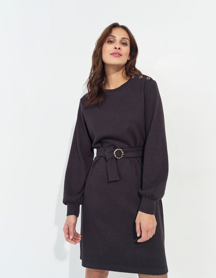 RAVENA - Robe sweat gris foncé maille côtelée -1