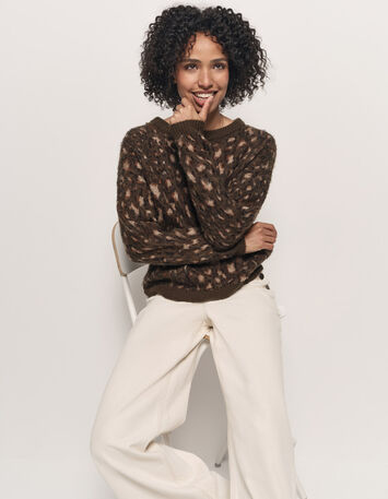 TEAL - Pull kaki tricot motif tachiste animalier-1
