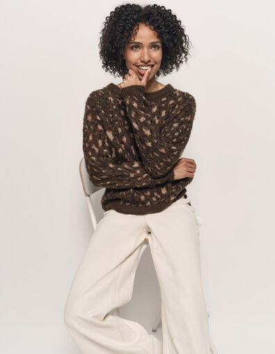 TEAL - Pull kaki tricot motif tachiste animalier - One Step