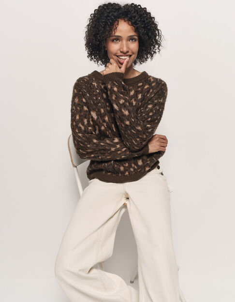 TEAL - Pull kaki tricot motif tachiste animalier - One Step