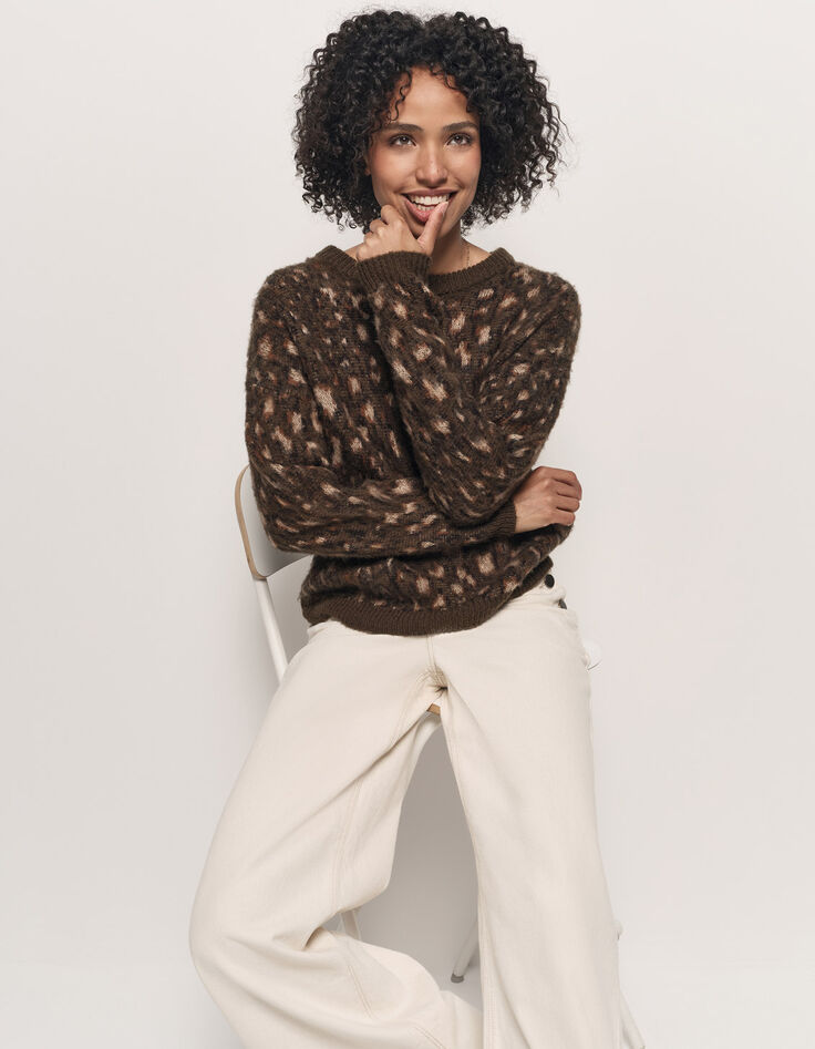 TEAL - Pull kaki tricot motif tachiste animalier-1