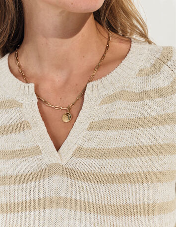 TERESA - Pull blanc tricot motif rayures lurex beige -3