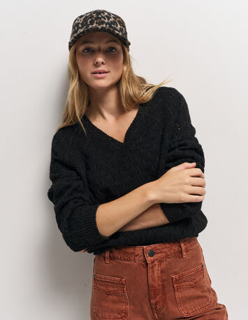 TACEY - Pull noir tricot ajouré réversible devant/dos-2