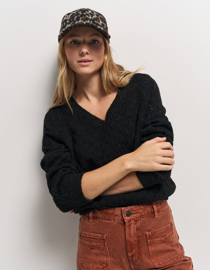 TACEY - Pull noir tricot ajouré réversible devant/dos-2 TACEY - Pull noir tricot ajouré réversible devant/dos-2