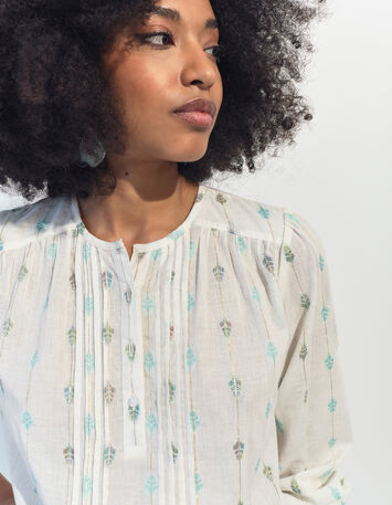 CACILDA - Blouse blanche broderies feuilles et rayures-4
