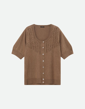 TERENOS - Cardigan manches courtes marron tricot lurex-5