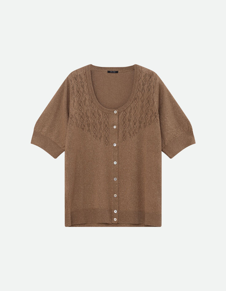 TERENOS - Cardigan manches courtes marron tricot lurex-5